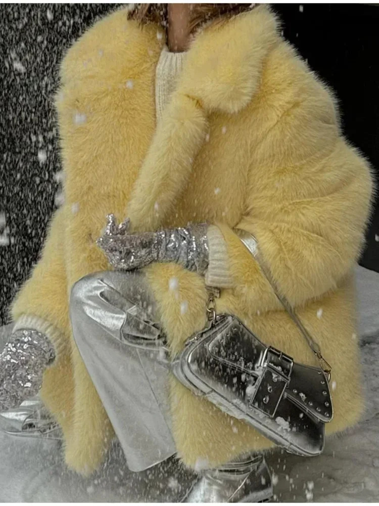 Warm Yellow Fur Coat Women Winter Turndown Collar Long Sleeve Single Breasted Midi Female Coats 2024 Autumn Fashion Outwear 241121Z