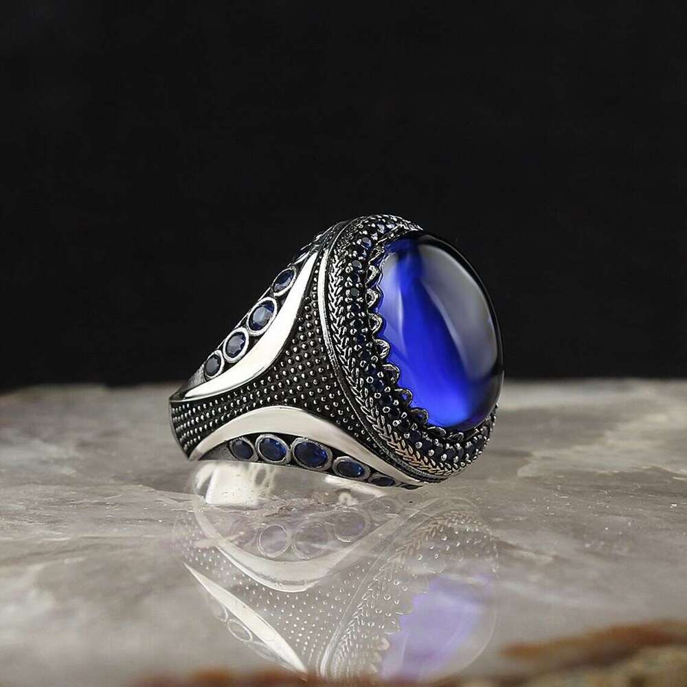Hecheng sells patterned blue antique silver geometric rings with exquisite jewelry straight