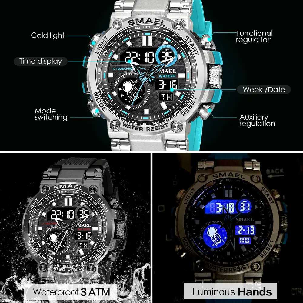 SMAEL Light e Sport Digital for Men waterproof dual time display timing quartz watch with automatic date week 1803B M241128