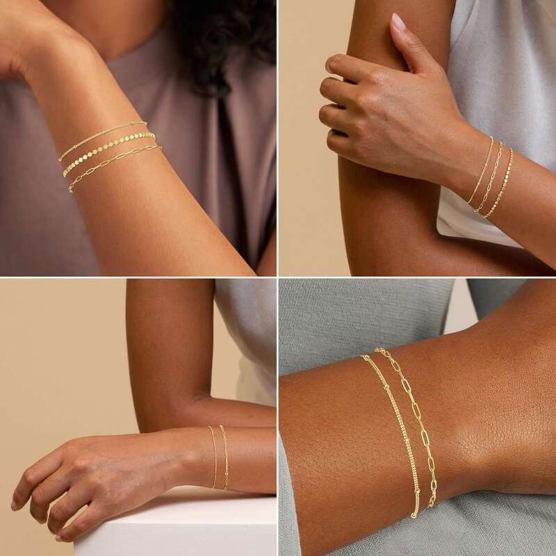 14K Dainty Gold Plated Stackable for Women Trendy Chain Bracelets Paperclip Adjustable Tennis Cute Jewelry