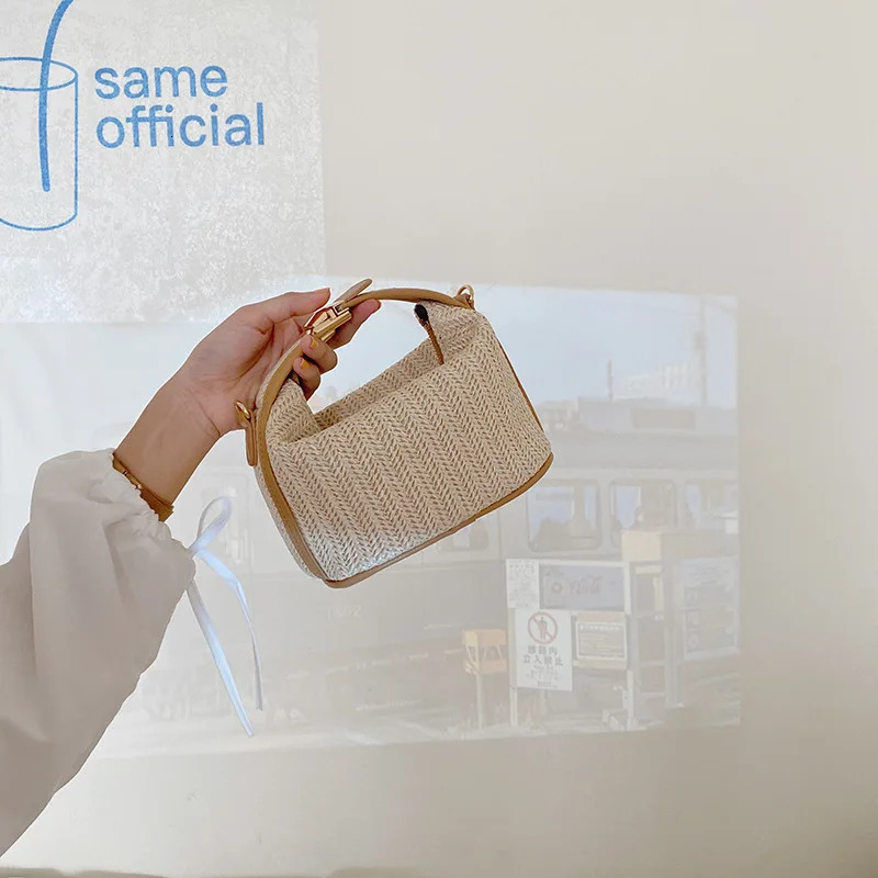 Summer Small Straw Handbag Trendy Shoulder Bag Woven Bucket Crossbody Casual Seaside Beach Gilrs Handle Tote 241128