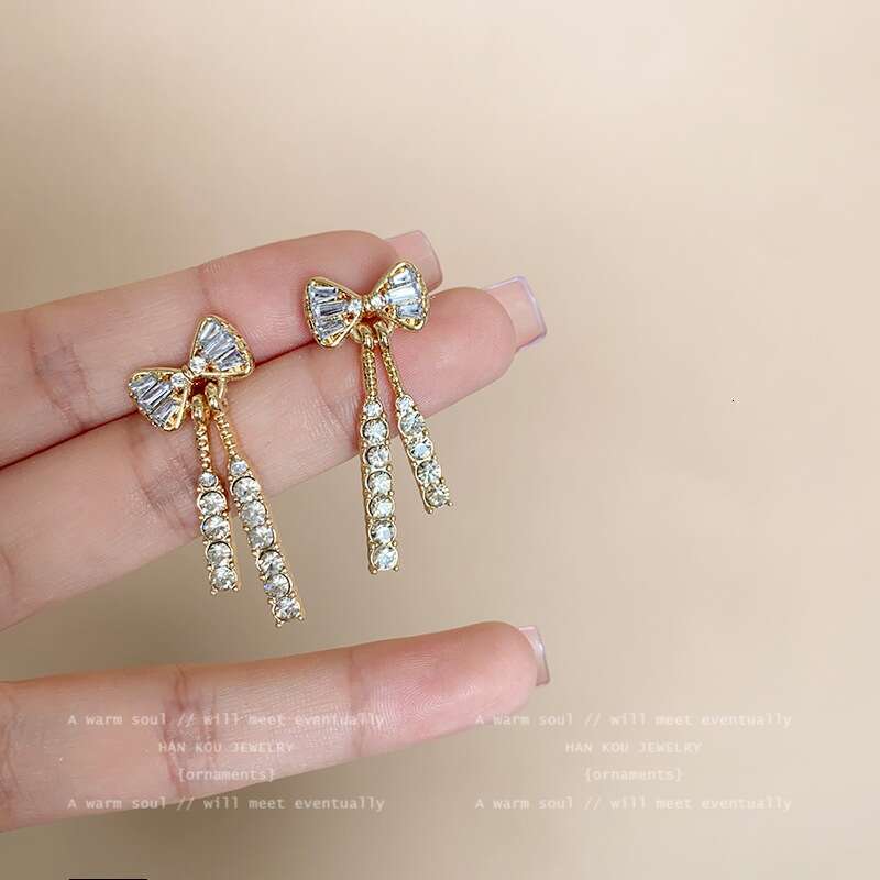 Gold Color Shiny Stud For Women Fashion Exquisite Dainty Rhie Bow Dangle Earrings Jewelry Friends Gift