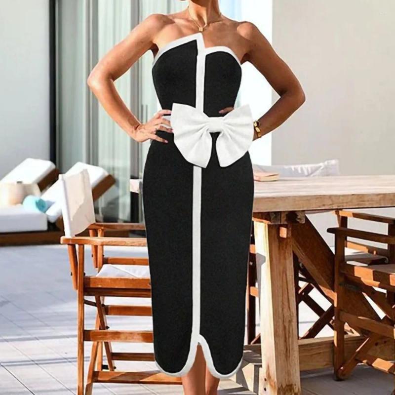Womens Swimwear 2024 Black White Spliced Swimsuit Elegant Tube Top Bow Belt Bikini Irregular Hip Beach Skirt Vintage Pool