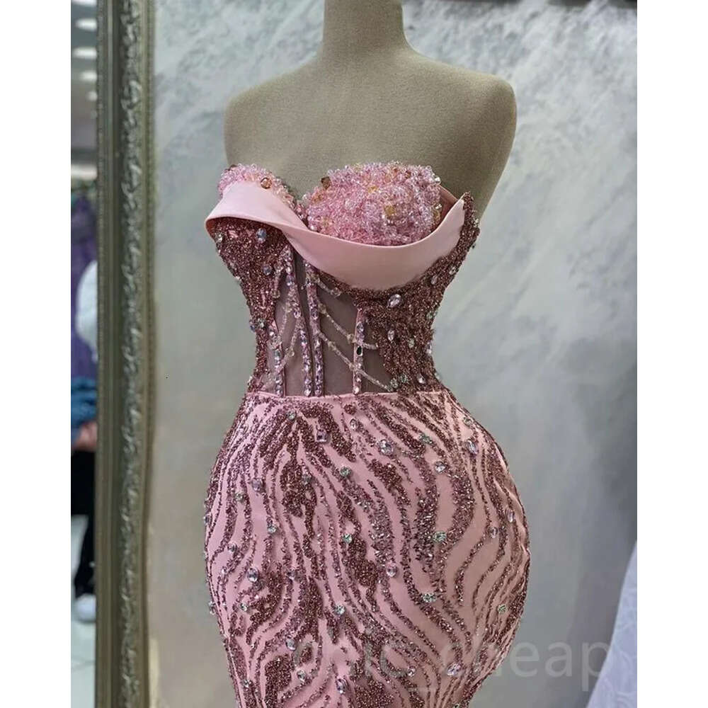 Ebi Mermaid Aso Pink April Prom Dress Crystals Beaded Lace Evening Formal Party Second Reception Birthday Engagement Gowns Dresses Robe De Soiree Zj E