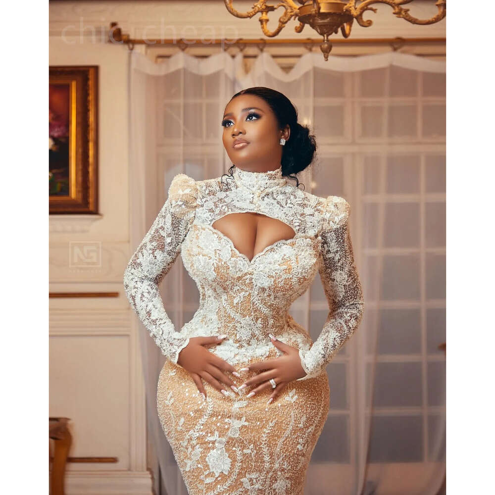 Arabic Plus Aso Ebi Size Illusion Mermaid Wedding Dress Lace Backless Luxurious Bridal Gowns Dresses Zj Es