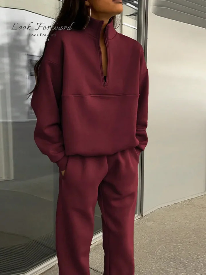 Casual Pants Sets Woman Autumn Loose Pullovers Zippers Long Sleeve Womens Tracksuit Elastic Waist Solid Trousers Allmatch 241129