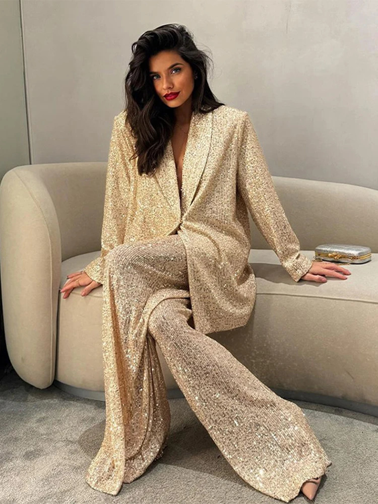 Fashion Sequines Jacket Pants Suit One Button Lapel Long Sleeve Coat Wide Leg Pant 2024 Autumn Commuting Loose Sets 241129