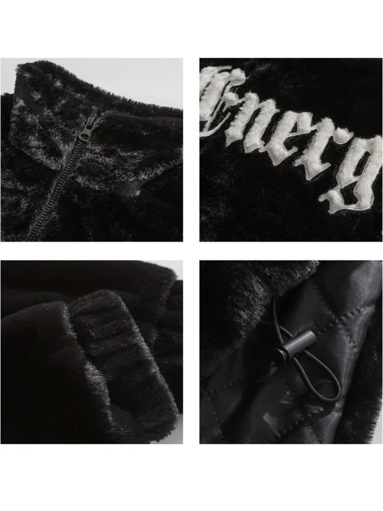 Mink Rabbit Fur Stand Embroidered Padded Fleece Jacket Men Winter Casual Thickened Coat Unisex Hip Hop Warm Streetwear 241126
