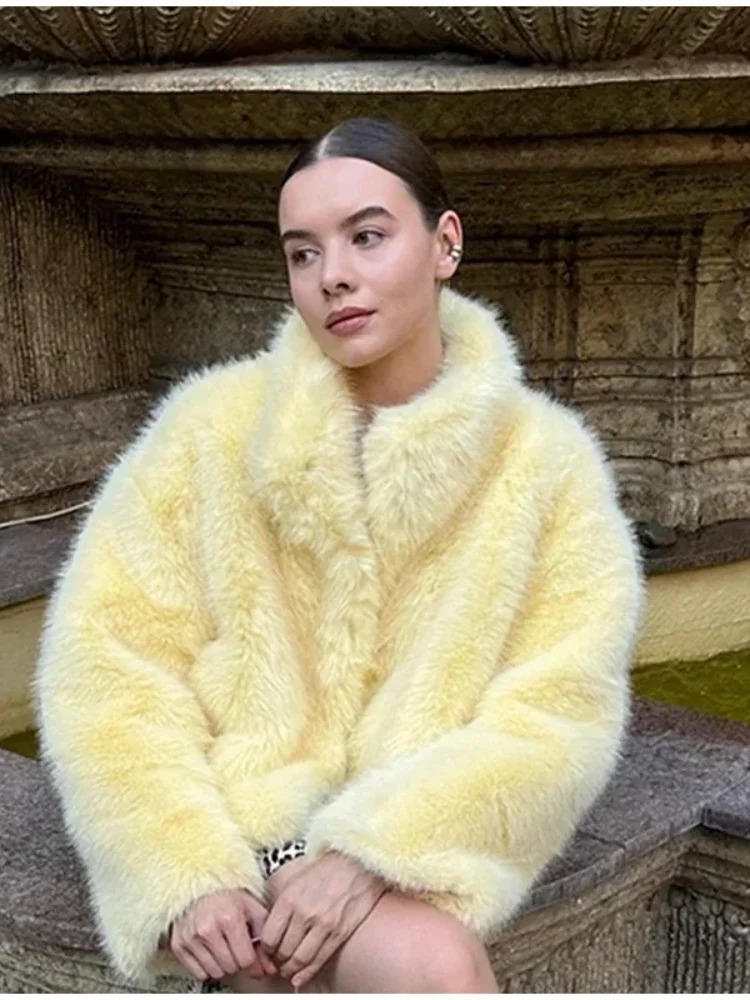 Warm Yellow Fur Coat Women Winter Turndown Collar Long Sleeve Single Breasted Midi Female Coats 2024 Autumn Fashion Outwear 241121Z