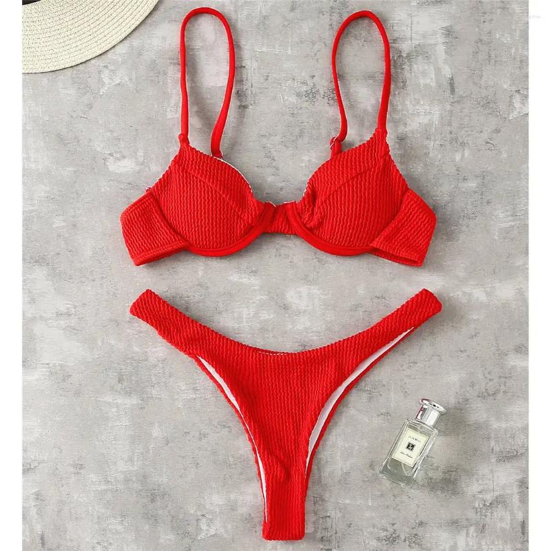 Womens Swimwear Ribbed Underwired High Cut Bikini Swimsuit Female Women Two-pieces Set Thong Bather Bathing Suit Swim V2697SW