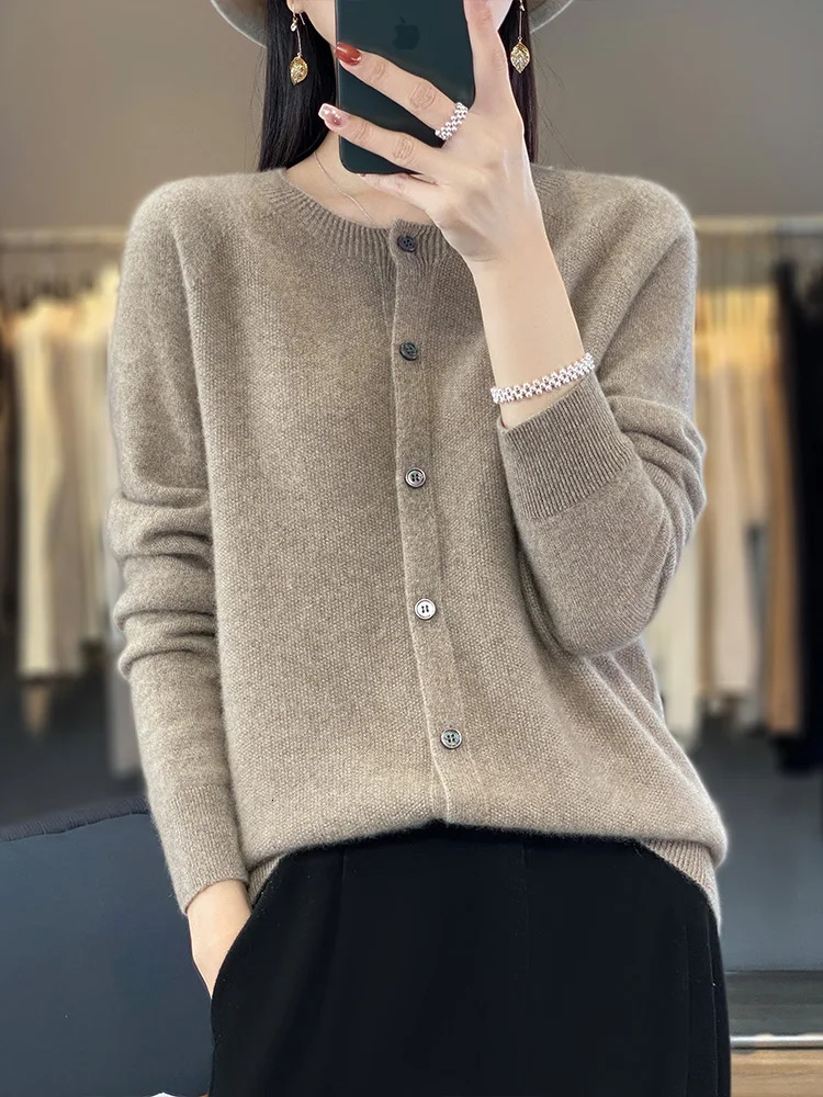 100% Merino sweater womens first-line ready cashmere cardigan solid color autumn and winter womens top 241128