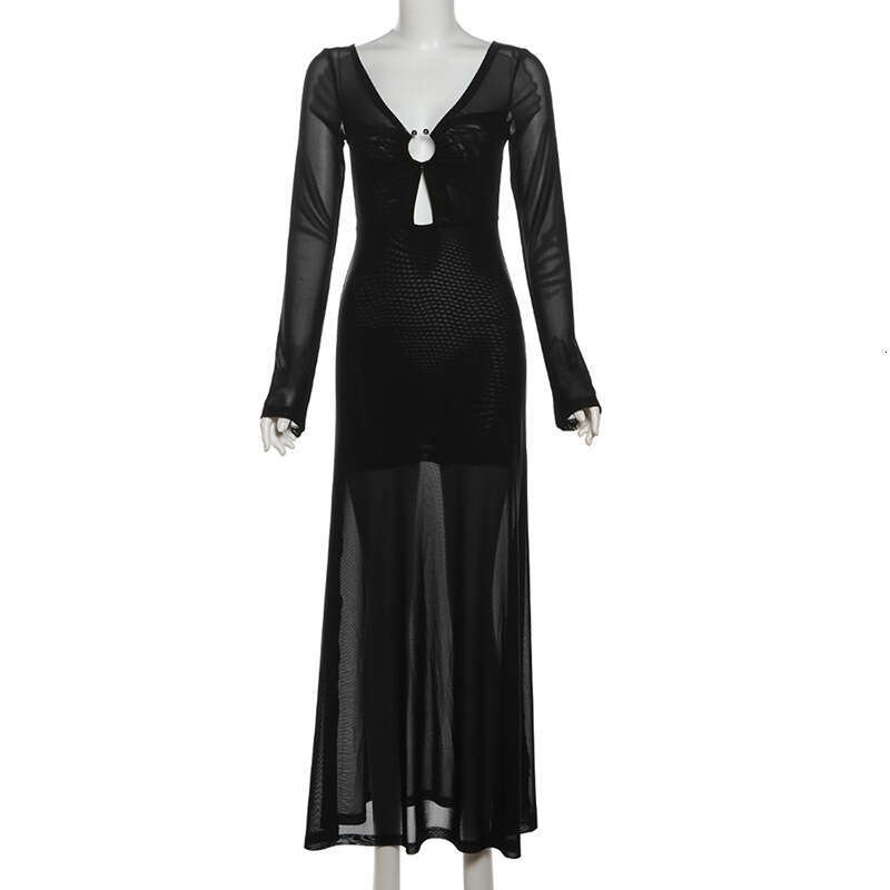 Wind 2024 Summer New Women's Elegant V-neck Blue Spot Pattern Long Sleeve Slimming Dress