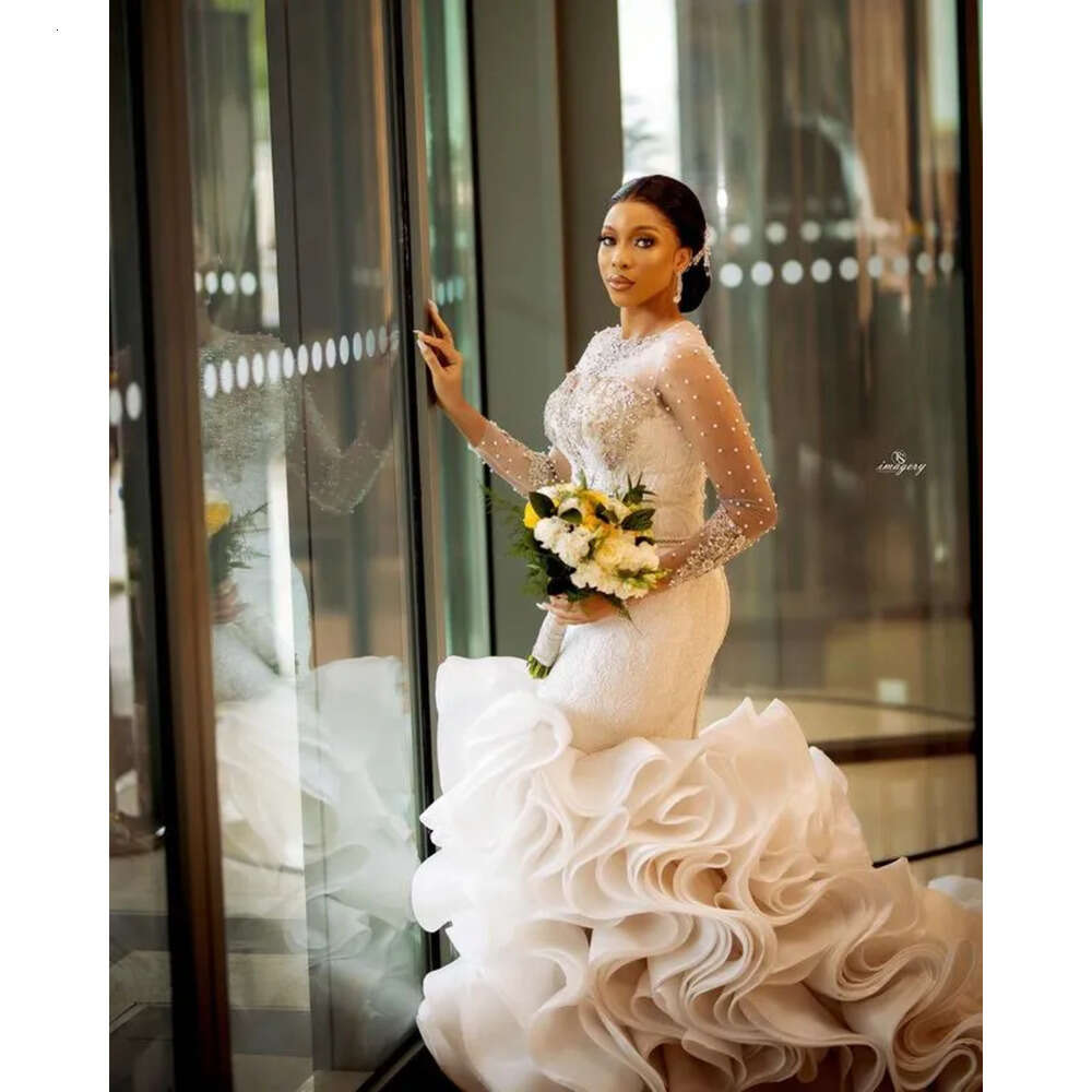 Aso Ebi Lace Crystals Exquisite 2024 Wedding Sheer Neck Beaded Tiers Bridal Gown 0218