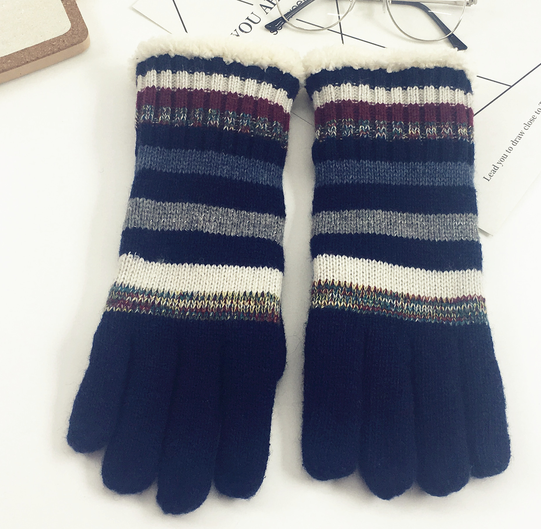 Winter gloves knitted wool gloves men's and women's thick double-layer warm woolen striped anti cold gloves wholesale