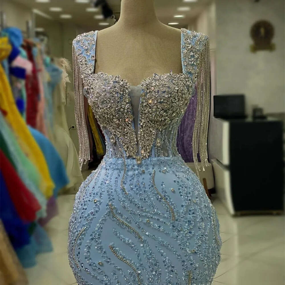Ebi Arabic Mermaid Sky Aso Blue Prom Dress Crystals Sequined Lace Evening Formal Party Second Reception Birthday Engagement Gowns Dresses Robe De Soir