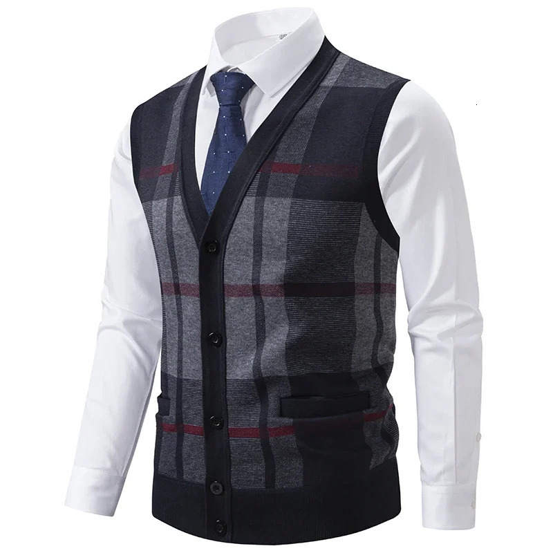 Men Plaid Casual Knitted Waistcoats Sweater Vests Sleeveless Cardigans Autumn Male Outwear Sweatercoats Size 3X 241129