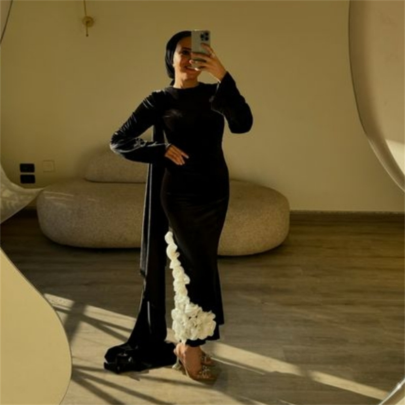 Charming Black Muslim Evening Dress With 3D Florals Elegant Midi Maxi Prom Dess Arabic Dubai Formal Velvet Party Gown Second Reception Dress Birthday 