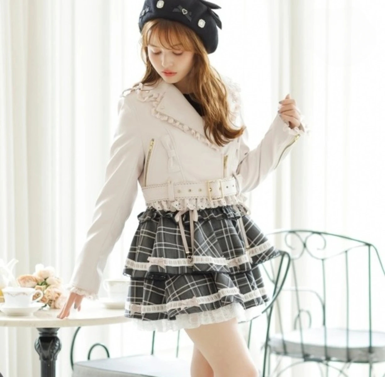 Streetwear Style Spring Autumn Womens Coats Japanese Mine Series Massproduced Leather Jacket Lace Edge Belt Slim Short Coat 241129