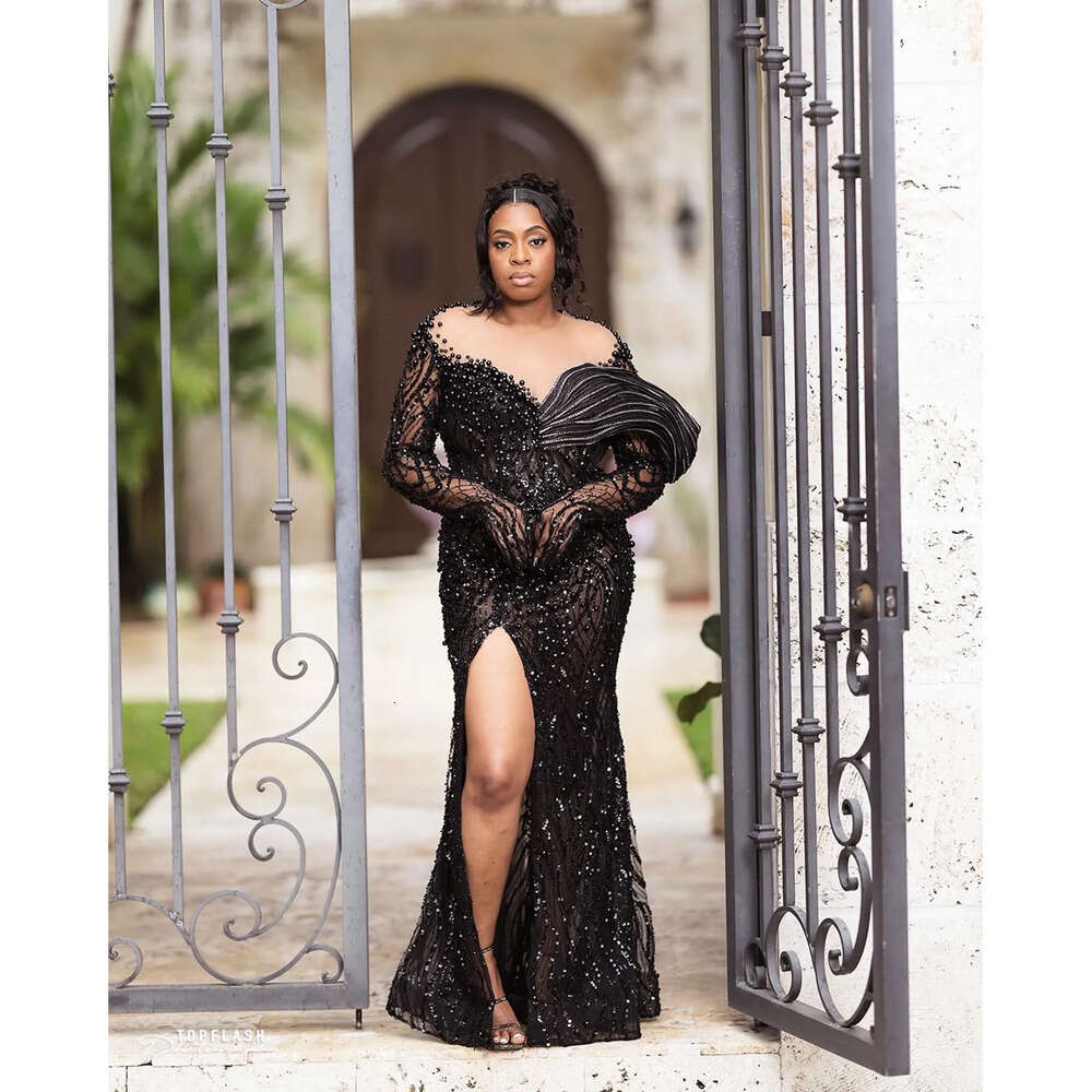 Aso Ebi Black Mermaid Prom Dress Pearls Sequined Evening Formal Party Second Reception Th Birthday Engagement Gowns Dresses Robe De Soiree Zj Es