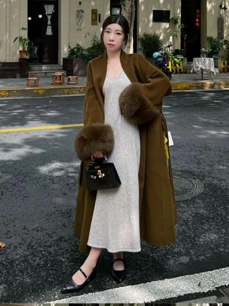 2024 Warm Long Coat With Belt Womens Elegant Wool Blend Trench Winter Clothes Fashion Outerwear 241129