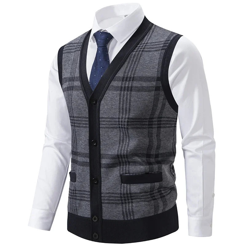 Men Plaid Casual Knitted Waistcoats Sweater Vests Sleeveless Cardigans Autumn Male Outwear Sweatercoats Size 3X 241129