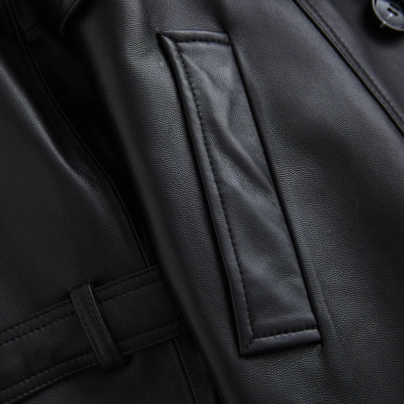Lautaro Autumn Long Black Leather Trench Coat for Women Sleeve Belt Lapel Spring British Style Outerwear Fashion 241129