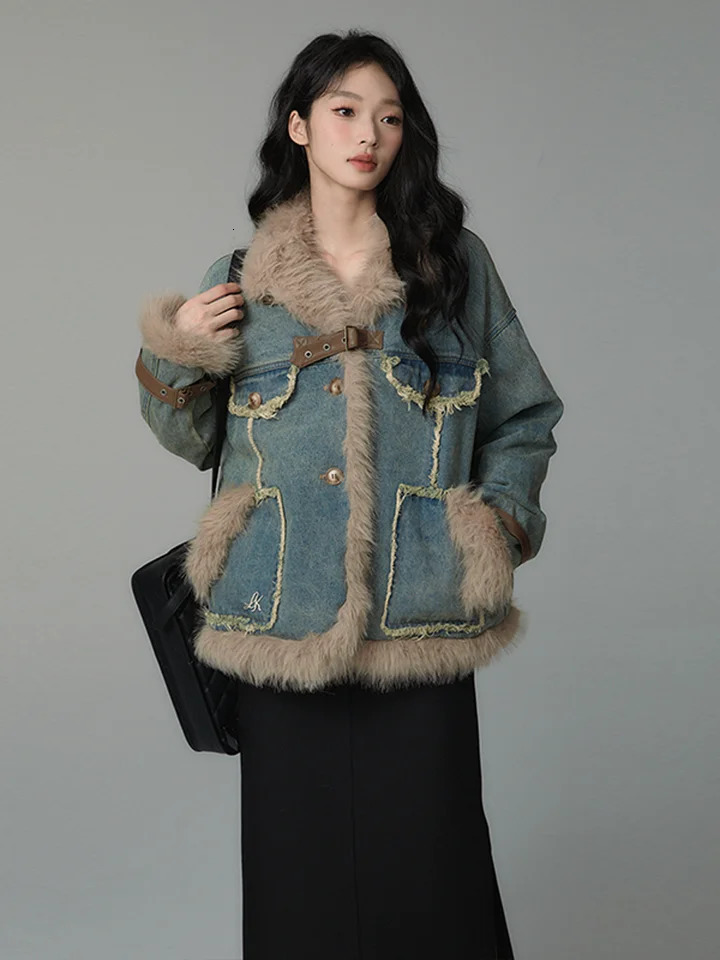REDDACHiC Hippie Fuzzy Trim Denim Jacket Womens Coat Faux Fur Patchwork Frayed Casual Warm Winter Outwear Retro Y2k Windbreaker 241129