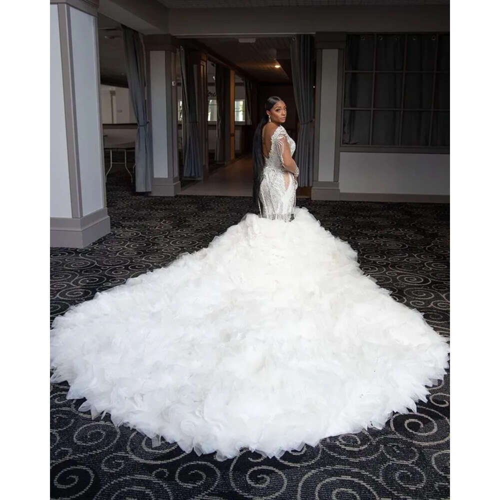 Aso Arabic Size Plus Ebi Luxurious Mermaid Sexy Wedding Dress Beaded Crystals Pearls Backless Long Sleeves Detachable Train Bridal Gowns Dresses Zj Es