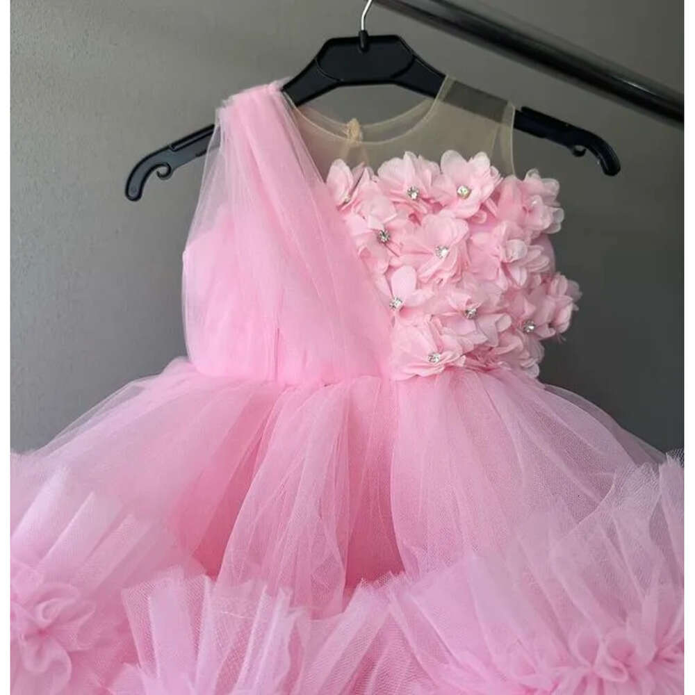 Neck Flower Sheer Dresses Pink Ball Gown Tulle Tiers Beaded Vintage Lit Tle Girl Peageant Dress Gowns Zj S