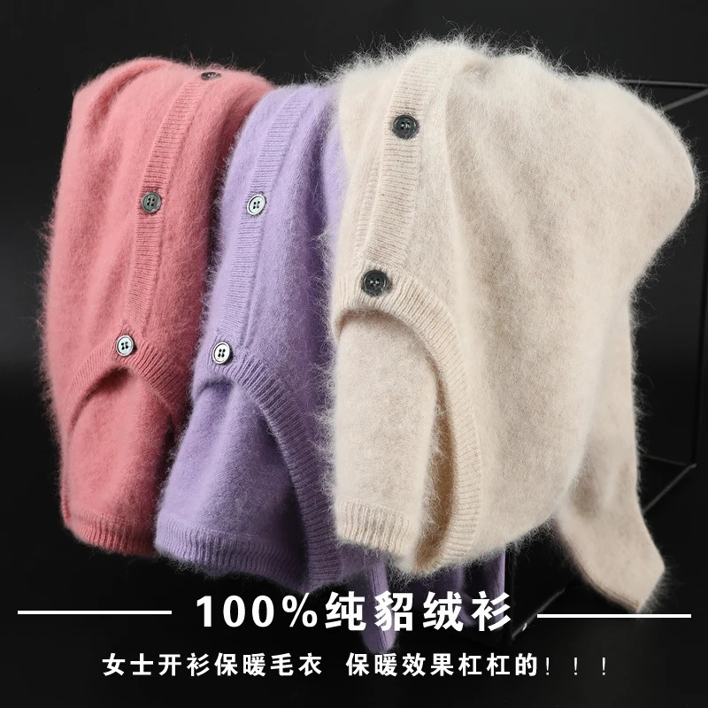 Womens cardigan plus size warm pure mink cashmere sweater O-neck loose jacket womens sweater womens jacket solid knit cardigan 241128