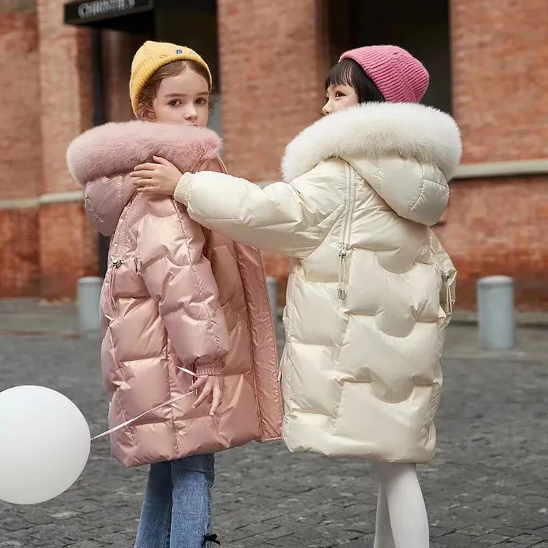 Children Glossy Jackets Girls Winter Thicken Warm Outerwear Teens Cotton Overcoat Kids Fashion Hooded Coats Casual Parkas 241126