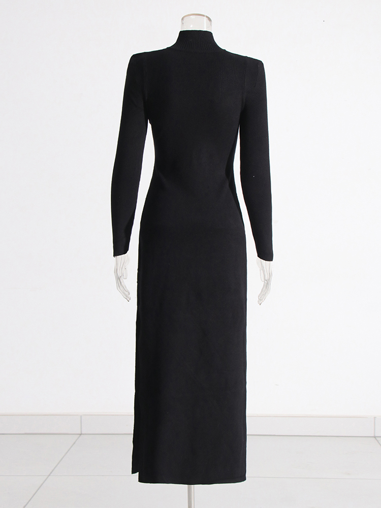 Spliced Belt Split A E Dresses For Women Stand Collar Long Sleeve High Waist Slimming Dress Female Fashion New