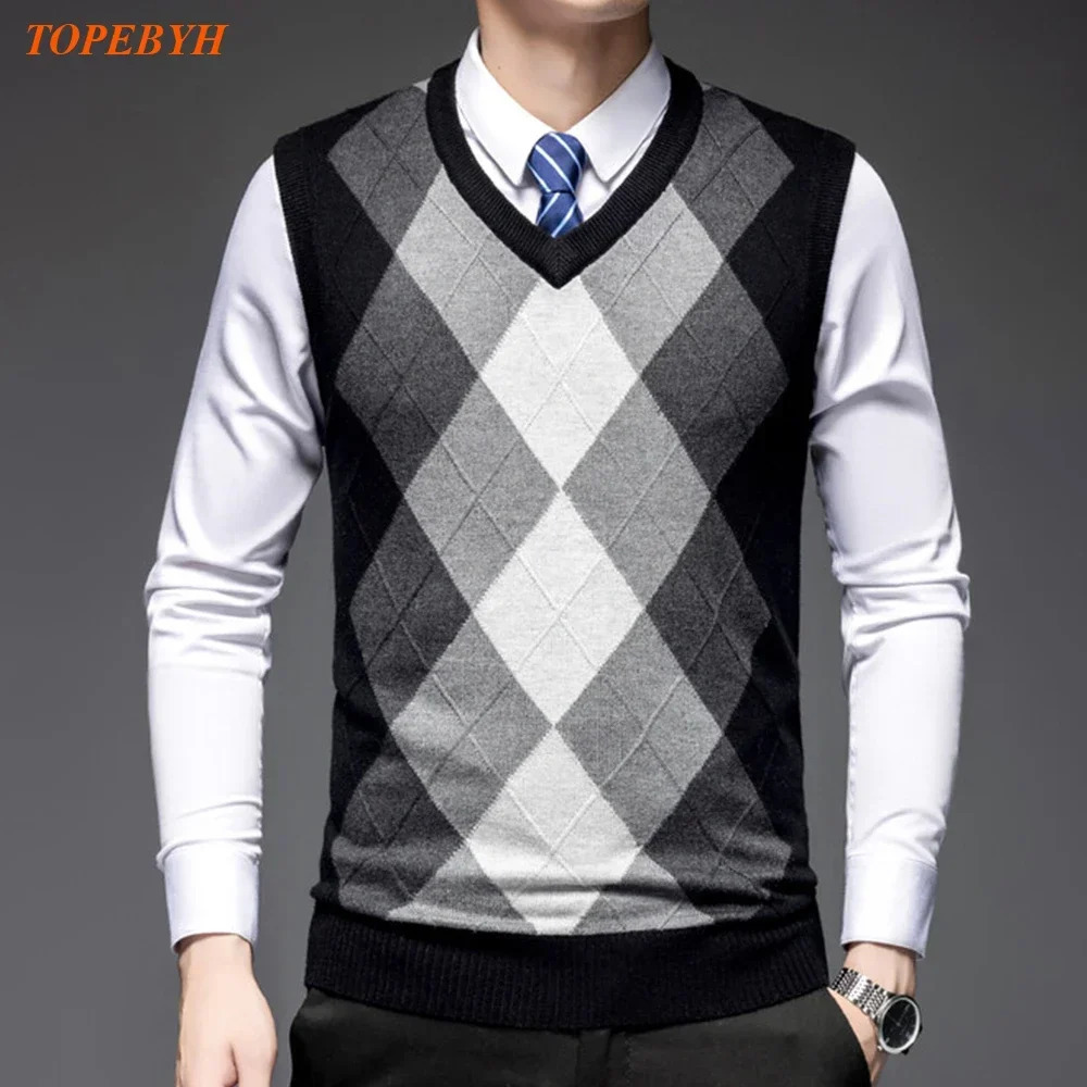 Mens Business Casual Pullover Wear Warm Sleeveless Wool Knitted Sweater Vest Tops 241129