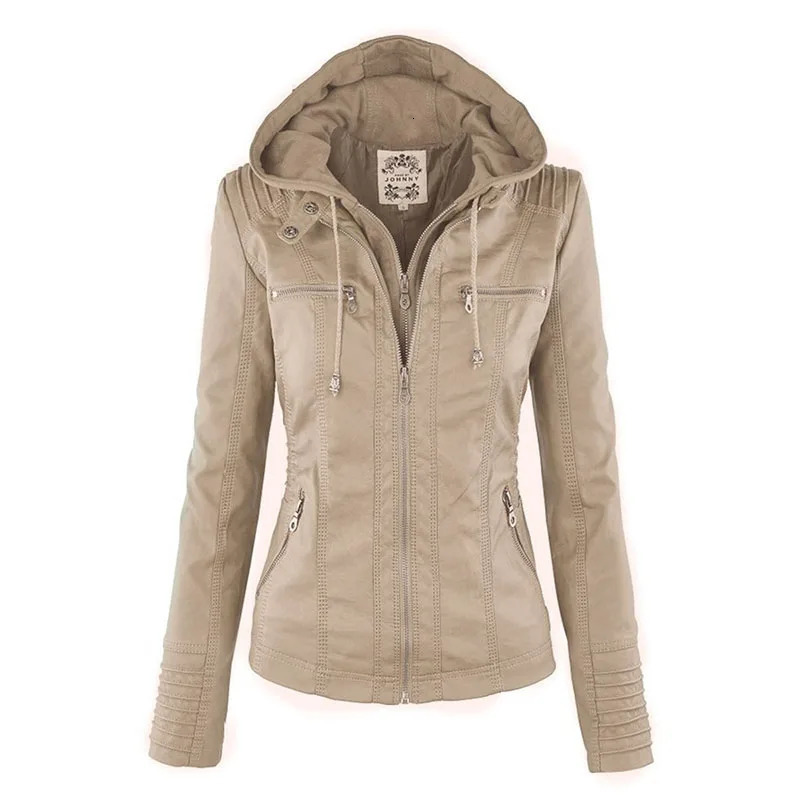 Faux Leather Jacket Women Khaki Winter Motorcycle Gothic Hoodies Outerwear PU Basic Coat 241129