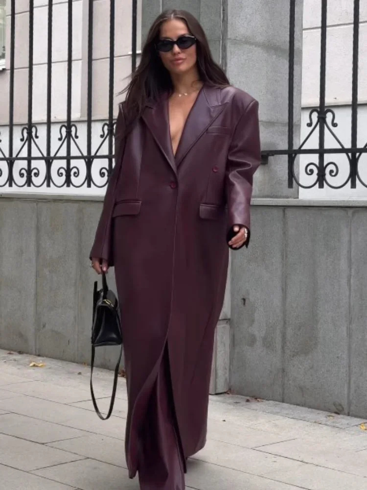 Fashion Vintage Burgundy Red Faux Leather Jacket Casual Padded Sleeve Oversized Overcoats Winter Lady Commute Street Outerwears 241129