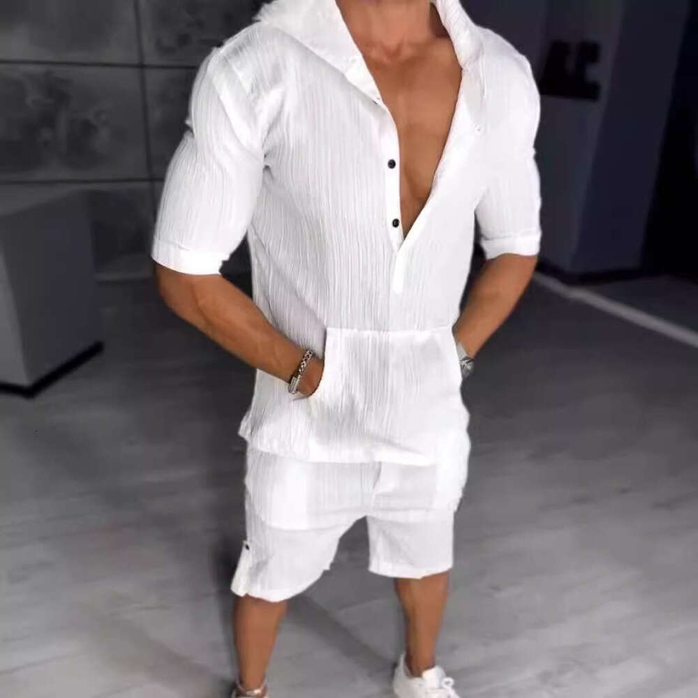 European And American Plus Size Casual Suit Men's Loose Short Sleeved Hooded Pocket Hoodie, Two Trendy Clothing Items With Fashionable Temperamen