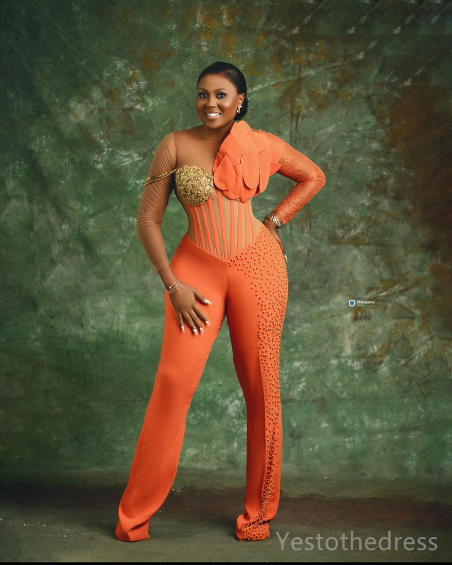 R&W Plus Size Orange Jumpsuits Promdress Prom Dresses for Special Ocns One-Piece Illusion Long Sleeves Gold Pearls Decorated Birthday Dress Reception 