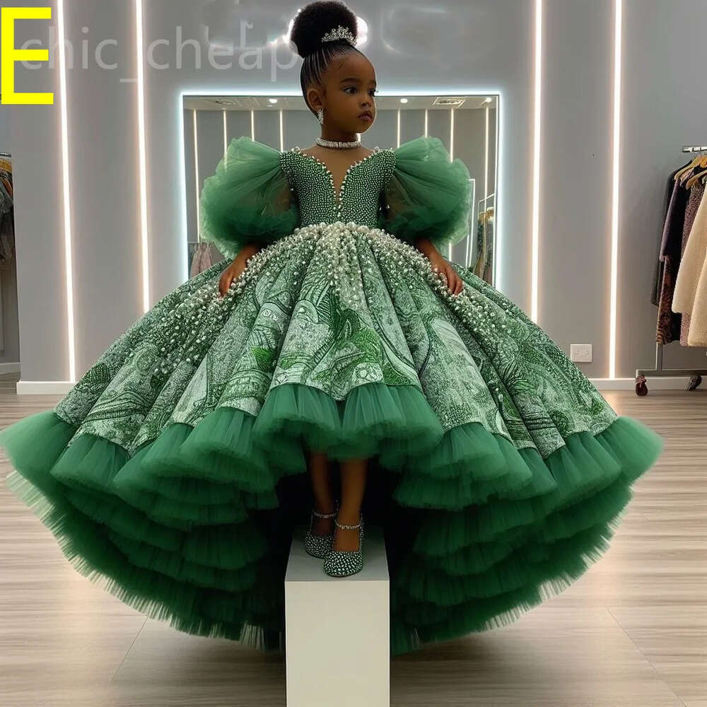 Flower Printed Royal Green Dresses Ball Gown Tulle Tiers Pearls Beaded Luxurious Little Girl Christmas Peageant Birthday Christening Tutu Dress Gowns 