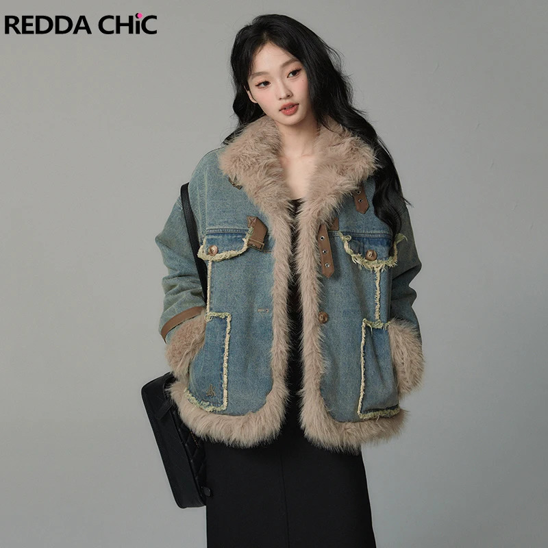 REDDACHiC Hippie Fuzzy Trim Denim Jacket Womens Coat Faux Fur Patchwork Frayed Casual Warm Winter Outwear Retro Y2k Windbreaker 241129
