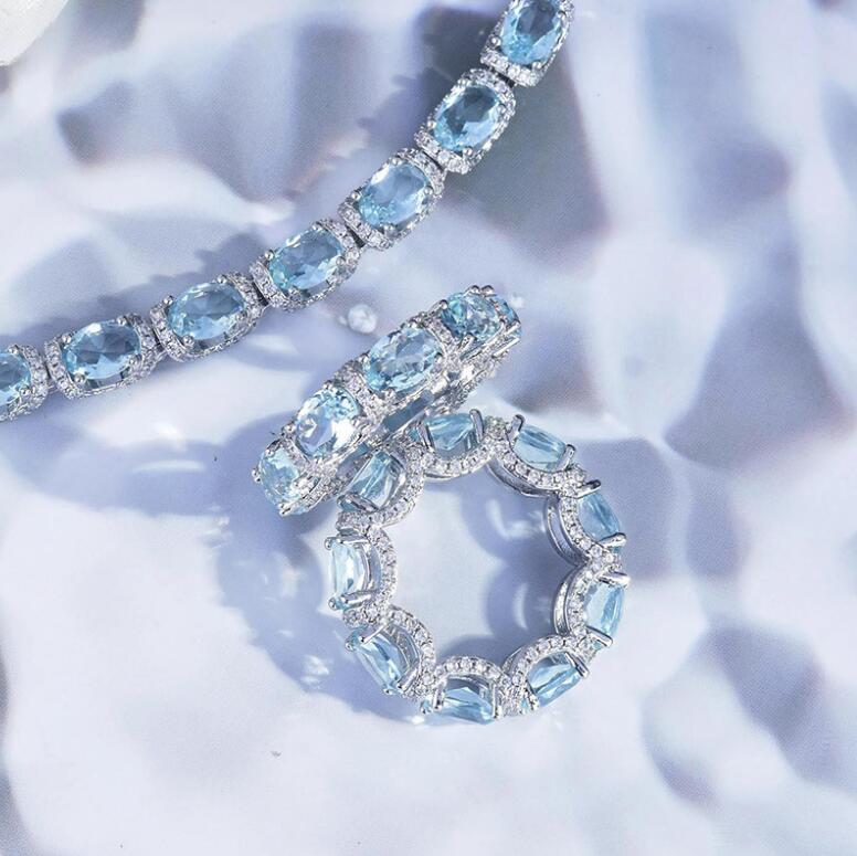 2024 Top Sell Choucong Wedding Jewelry Sets Luxury 925 Sterling Silver Blue Aquamarine CZ Diamond Gemstones Party Women Bracelet Engagement Ring Gift