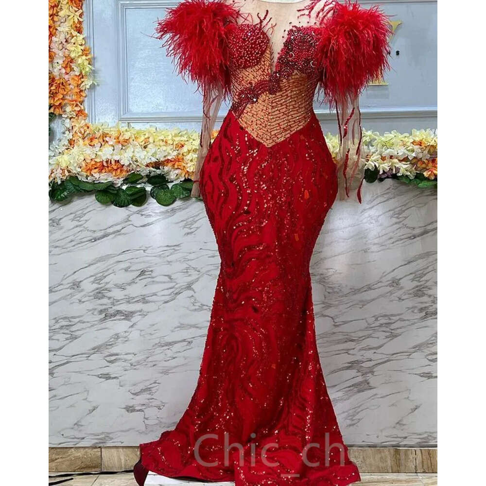 Mermaid AMVCA Aso Red Ebi Prom Beaded Crystals Feather Evening Formal Party Second Reception Birthday Engagement Gowns Dress Robe De Soiree Zj 6660306