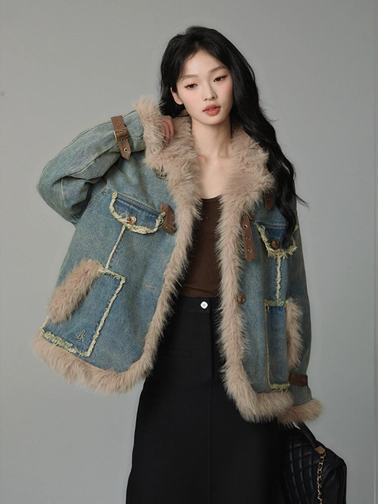 REDDACHiC Hippie Fuzzy Trim Denim Jacket Womens Coat Faux Fur Patchwork Frayed Casual Warm Winter Outwear Retro Y2k Windbreaker 241129