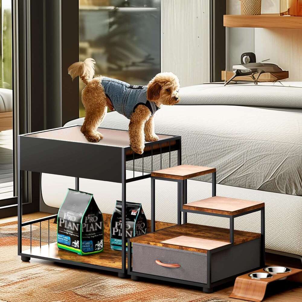 Pet Step Perch,Bunk Bed Window Perch For Dog Bedide Lounge Elevated Dog Bed Multi-Level Platform With Sponge, Non-Slip Pad And Storage,Vintage