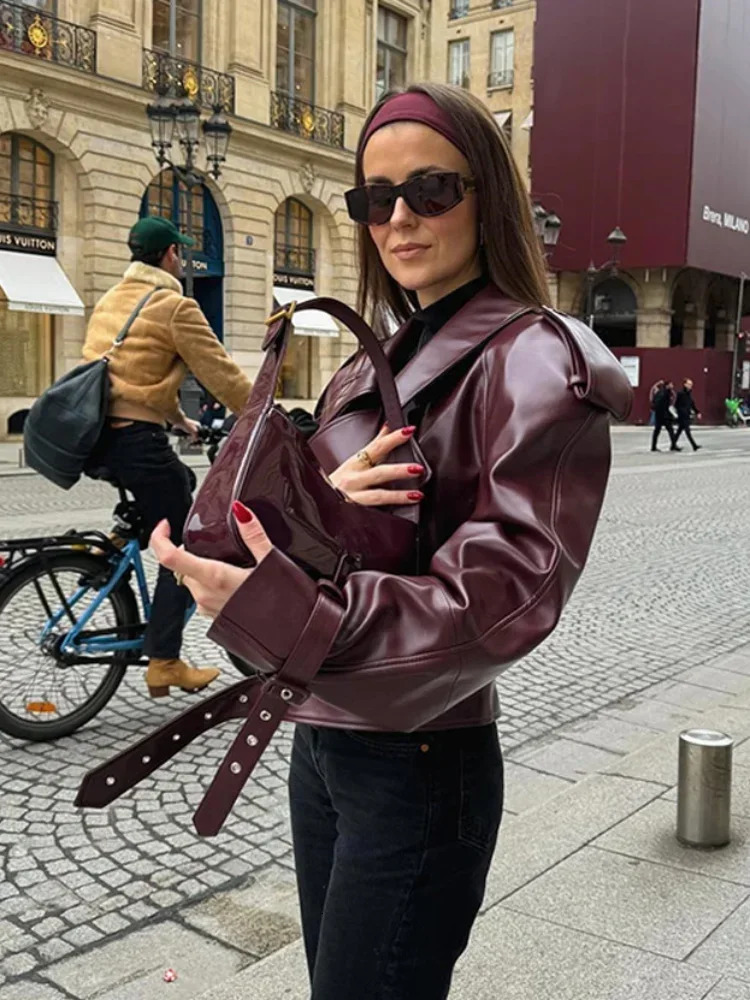 Chic Wine Red Faux Leather Zipper Womans Jacket Vintage Lapel Long Sleeve Loose Coats 2024 Fashion Casual Autumn Streetwear 241129