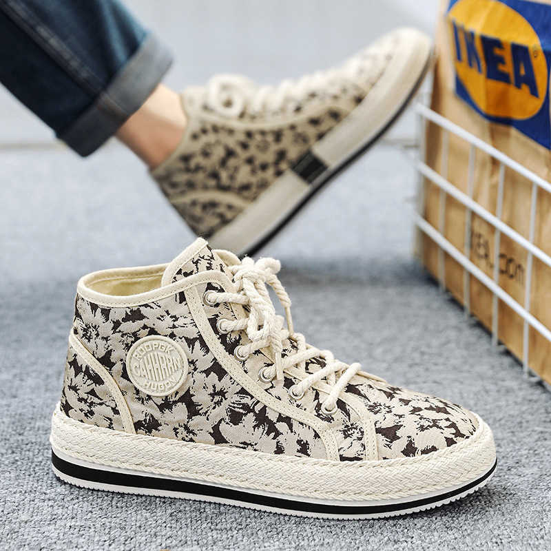 Autumn mens board shoes high top floral niche fashion trend lace up sports board shoes skateboard shoes mens shoes M241129
