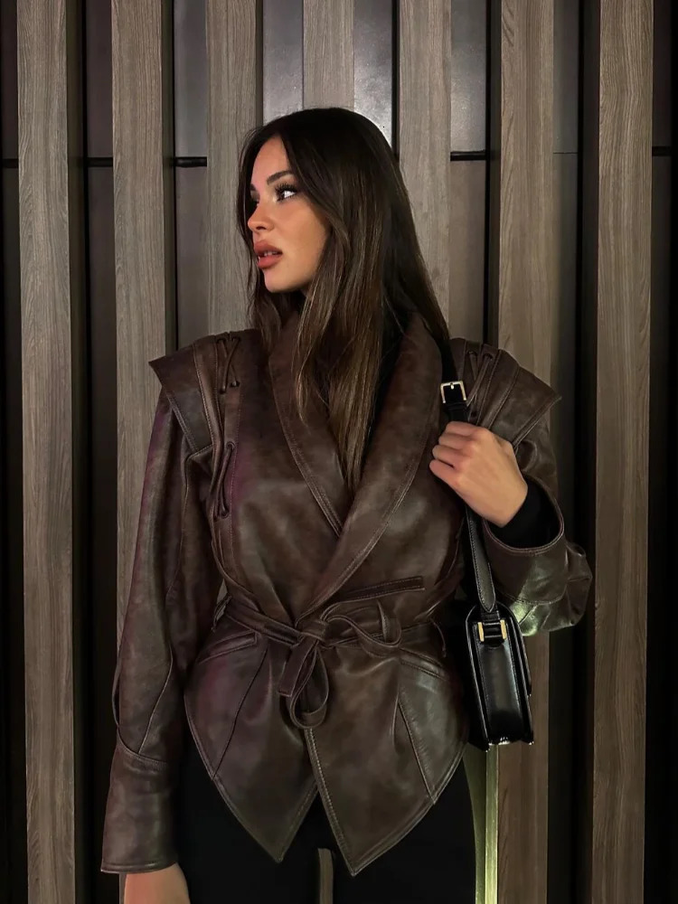 2024 Vintage Lapel Laceup Leather Jacket Chic Solid Long Sleeves Pockets Short Coats Autumn Lady Fashion Streetwear 241129