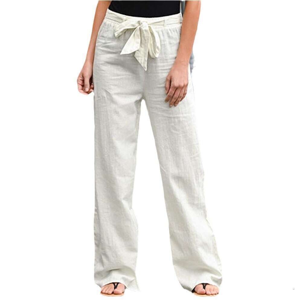 Women's Summer Elastic Waist Solid Color Cotton Hemp Leg Pants Wide Long Trendy Clothing Fashionable And Casual Temperament