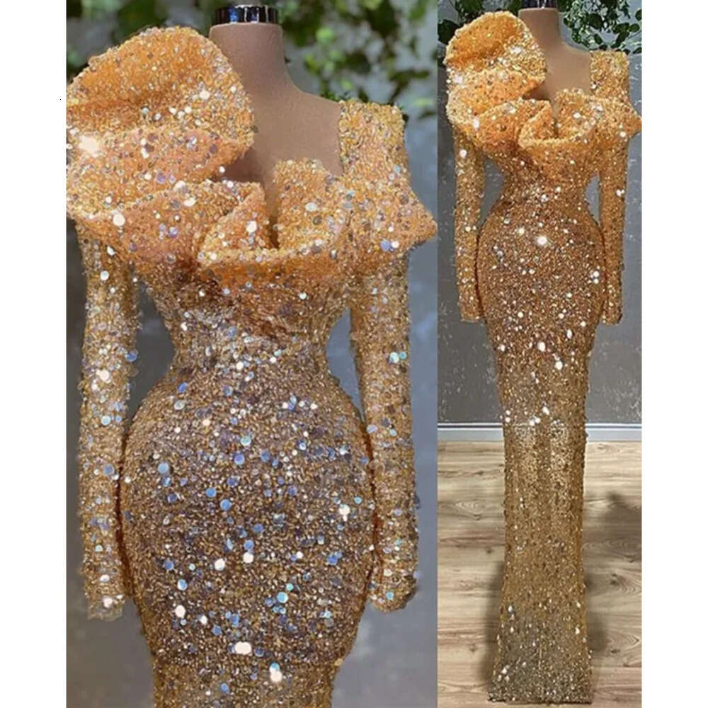 Aso Plus Size Ebi Arabic Gold Sparkly Sheath Prom Dresses Sequined Lace Stylish Evening Formal Party Second Reception Birthday Gowns Dress Zj 6660306