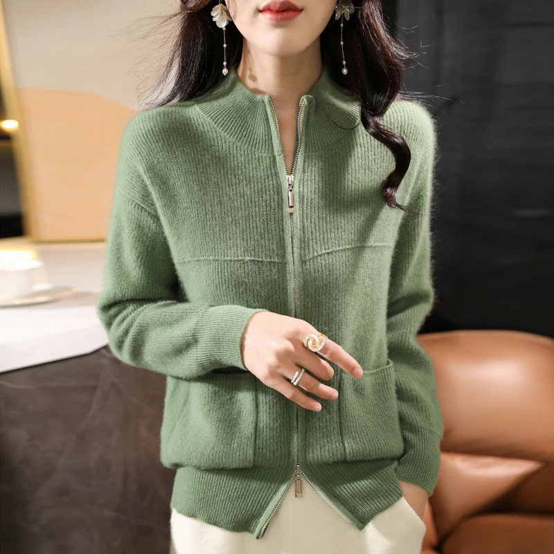 Womens 100% Merino wool sweater half high neck cardigan autumn/winter thick top cashmere double zipper knitted jacket 241128