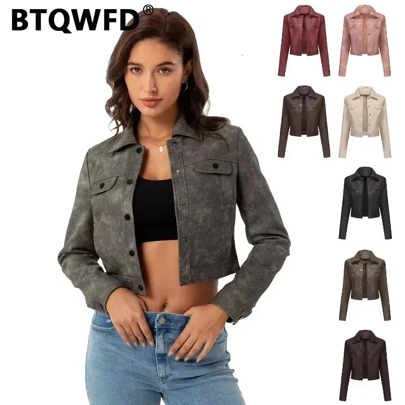 BTQWFD Womens Pu Faux Motor Biker Leather Jackets Slim Coat with Pockets Button Female Outwear Tops 2024 Spring Autumn Winter 241129